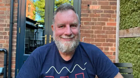 A man with a grey beard and brown hair wearing a blue t-shirt is smiling. He is sitting on a black wooden chair in front of a brick wall with French doors.