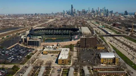 AFP via Getty Images An aerial view of the city of Chicago looking north from South Side and the Chicago White Sox baseball park to the downtown area in the distance