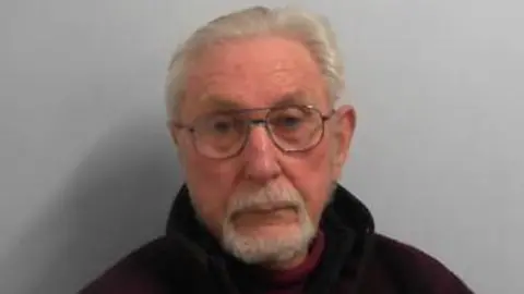 Mugshot of David Hampshire against a grey background. He is elderly with wire frame glasses, a white goatee and white combed-back hair. He is wearing a black hoodie.
