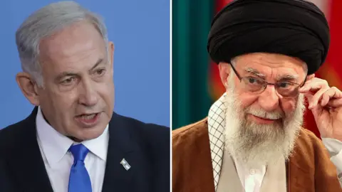 This image is divided into two sections.  On the left, Israeli Prime Minister Benjamin Netanyahu is dressed in a dark suit, white shirt, and blue tie, with a small lapel pin that appears to be the flag of Israel. The background is a solid blue color, emphasizing a formal and official tone.  On the right,  Ali Hosseini Khamenei  is wearing traditional clothing, including a brown robe, a white shirt, and a black turban. He is holding his glasses on the left hand side and looking to his right.