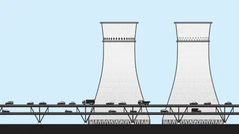 Jonathan Wilkinson A blue and black design print of two large chimneys looming over a stretch of road with cars and lorries