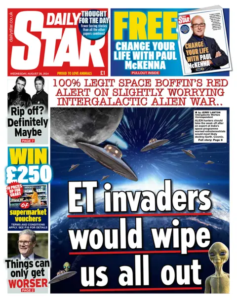 Il titolo in prima pagina del Daily Star recita: "Gli invasori extraterrestri ci annienteranno tutti"