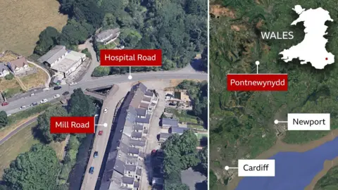 Map showing location of violent disorder, with a main road leading onto a residential road. Another satellite map shows Pontnewynydd in relation to Newport and Cardiff.