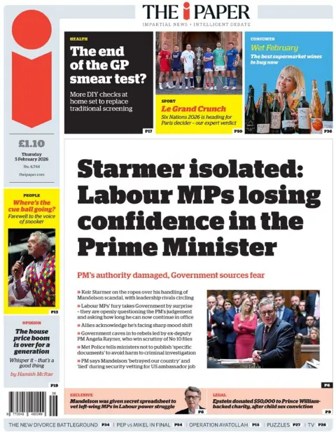  Labour MPs losing confidence in the Prime Minister" reads the headline on the front page of the i Paper.