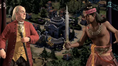 Firaxis On the left of the screen, Benjamin Franklin, with his slicked-back white hair and bifocals, braces for a fight. On the right, Ashoka, a man in Magadha-era garb wields a sword.