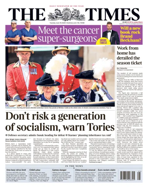 The Times The front page of the Times, with the top headline reading "Don't risk a generation of socialism, warn Tories"