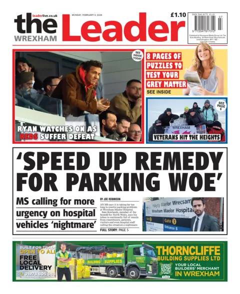 The Wrexham Leader The front page of the Wrexham Leader. The main headline reads: 'Speed up remedy for parking woe'. Other headlines read: 'Ryan watches on as reds suffer defeat' and 'veterans hit the heights'