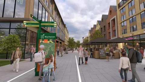 An artist's impression of a modern, pedestrian-only town centre with wide grey pavements and new buildings on both sides. People walk, shop and browse small market stalls under umbrellas.