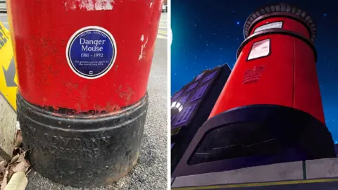 A blue label on a red post box that reads "English Heritage, Danger Mouse, 1981-1992, the greatest secret agent in the world lived here" and a cartoon of a red and black post box in front of a starry night sky