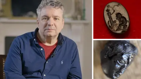 Dr Ittai Gradel in a split image also showing two gems suspected of being stolen from the Britsih museum