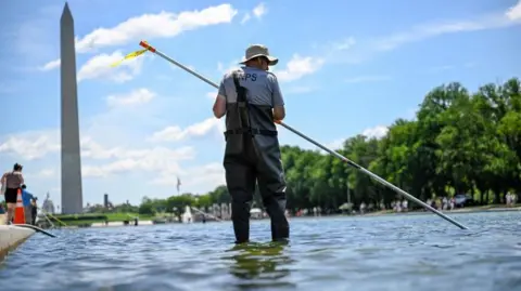 A worker in waders seen using a long pole to clean the pool