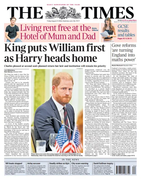 The headline on the front page of the Times reads: "King puts William first as Harry heads home."
