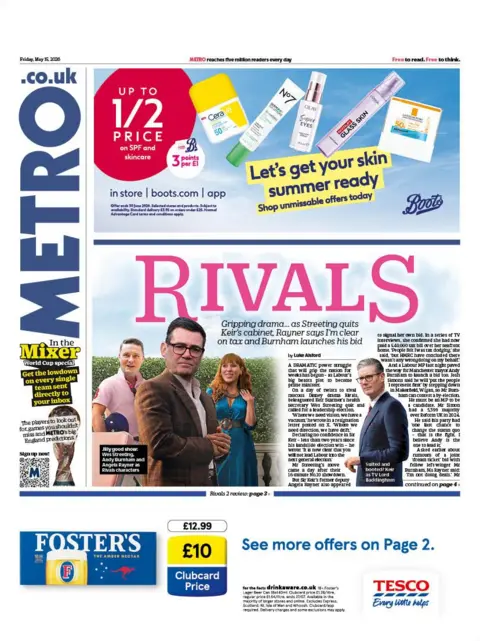 The headline on the front page of the Metro reads: “Rivals”.