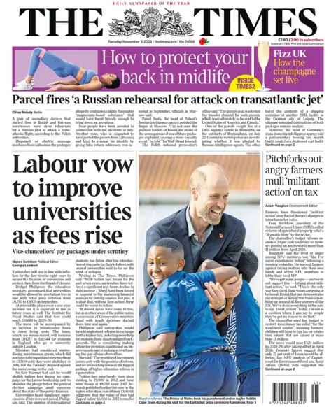 The headline on the front page of the Times reads: "Labour vow to improve universities as fees rise"  
