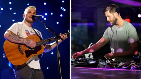 Getty Images for ABA/Getty Images for Spotify Zach Bryan performs at MetLife Stadium on July 20, 2025 in East Rutherford, New Jersey. Calvin Harris performs onstage during the FanDuel Super Bowl party powered by Spotify on February 09, 2024 in Las Vegas, Nevada.