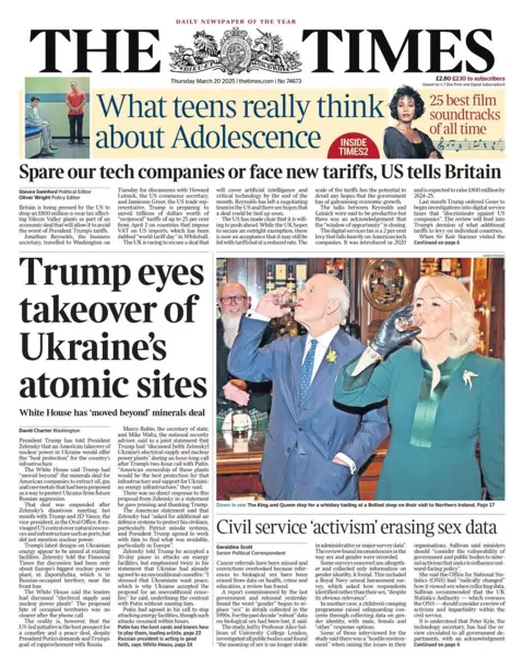 Front page of the Times for Thursday 20 March 2025.