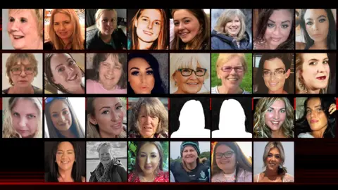 A collage of pictures of 28 of the 30 women who have died violently in Northern Ireland since 2020, with two silhouettes representing the other two women