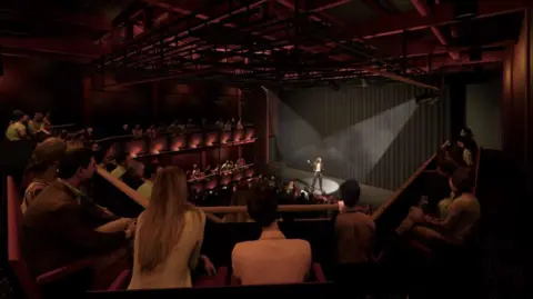 Reading Borough Council A computer generated image of what the inside of the theatre might look like. A man stands under a spotlight on a stage. The auditorium is quite small, with red seats on several levels.