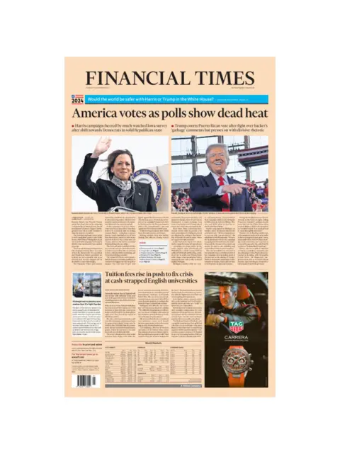 The headline on the front page of the Financial Times reads: "America votes as polls show dead heat"