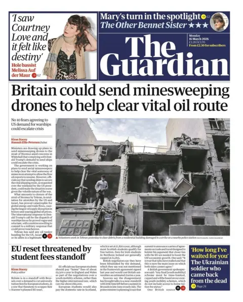 "Britain could send minesweeping drones to help clear vital oil route" reads the headline on the front of the Guardian.