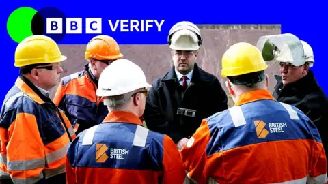 British Steel staff standing in front of blast furnaces during Deputy Prime Minister Angela Rayner's visit to the site in Scunthorpe, Lincolnshire.