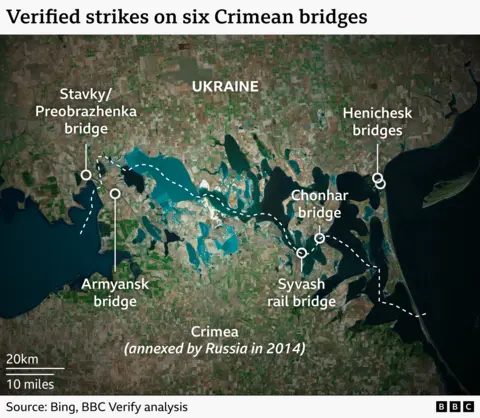 Map showing Ukrainian strikes on bridges in Crimea