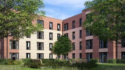 Corstorphine & Wright An artist's impression of a four-storey L-shaped building surrounded by trees with a garden in the front.