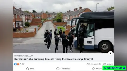 A screenshot of an AI-generated image showing a group of South Asian men in black tracksuits next to a white coach in a suburban housing estate as part of a posted Facebook link. Underneath there is a headline from Darren Grimes's blog saying, Durham is Not a Dumping Ground: Fix the Great Housing Betrayal. 5,500 people have reacted to it and there are 760 comments and 665 shares.