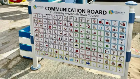 Weymouth Town Council A large communication board mounted on posts on the edge of the sand at Weymouth. It has 144 squares, each containing a commonly used word or number with an illustration. 