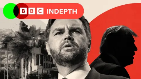 A treated image of JD Vance showing a building in Lebanon being struck by a missile and a silhouette of Donald Trump on the right