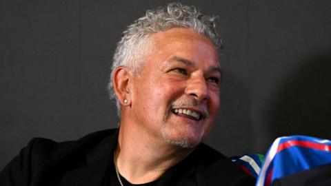 Roberto Baggio smiles during a press conference at Centro Tecnico Federale di Coverciano on June 03, 2024 in Florence, Italy. 