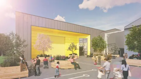 A drawing of of a large grey building with a large square yellow entranceway and people walking around a tarmac area in front of it