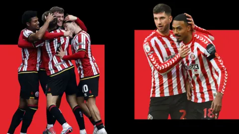 Players from Sheffield United and Sunderland celebrate in separate images 