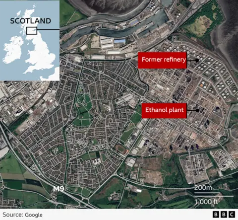 Google Earth view of the Grangemouth site with the ethanol plant and the former refinery marked out on it