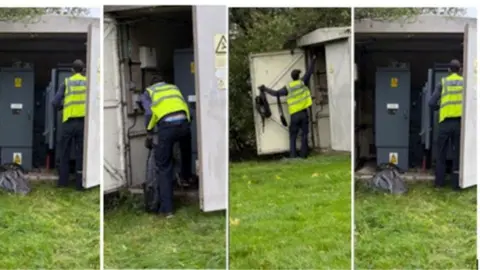 Kent Police A composite photo of a man wearing a hi-vis jacket and stealing tools from substations.