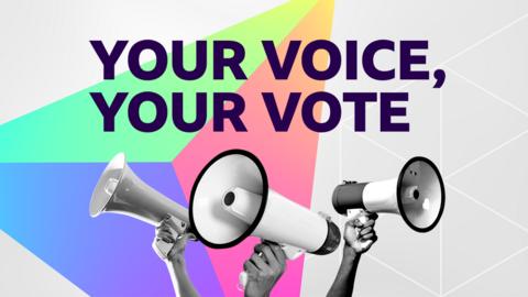 A promo image for BBC's Your Voice, Your Vote, with the slogan above three megaphones pointing outwards