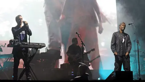 Robert Del Naja and Grant Marshall on stage during Lido Festival, London, in 2025