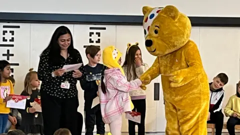 BBC Pudsey the bear at St Peter primary school in Jersey