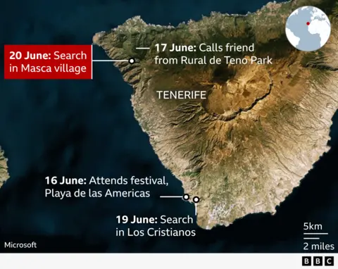 Map showing the last known movements of Jay Slater on the Spanish island of Tenerife.