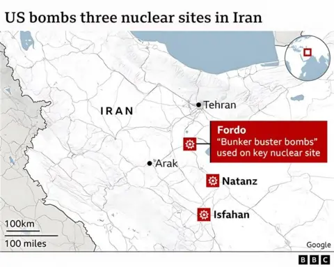 Map of Iran showing three locations hit by US bombs and missiles: Fordo; Natanz and Isfahan