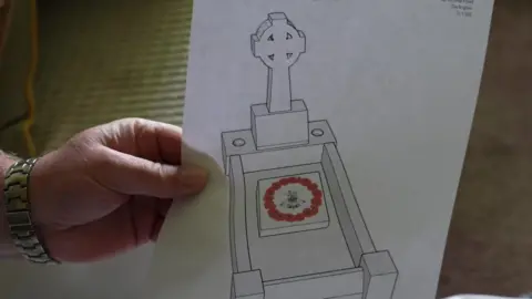 The original design for Pete Wilson's grave. It was planned to have a decorative stone cross on the back of the grave with stone edges surrounding the grave. His regiment and red poppies can be seen in the middle.