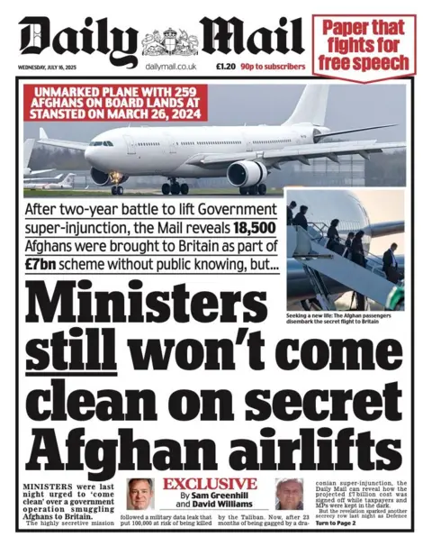 The headline on the front page of the Daily Mail reads: "Ministers still won't come clean on secret Afghan airlifts".