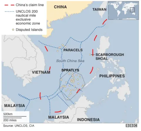UNCLOS/CIA/BBC A map showing disputed islands and areas in the South China Sea