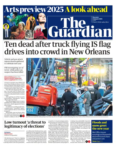 Halaman depan Guardian tanggal 2 Januari 2025. Judul utamanya berbunyi: Sepuluh orang tewas setelah truk berbendera ISIS menabrak kerumunan di New Orleans