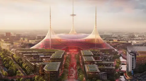 Manchester United An artist's impression shows plans for a future Old Trafford stadium. It is a dome-shaped stadium with three spires from which netting descends and is stretched out to mooring points around the stadium. A large number of apartment blocks line the main route up to the stadium. They are about five storeys high, and have solar panels and grass on their roofs. 