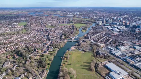 An aerial view of Reading and the River Thames