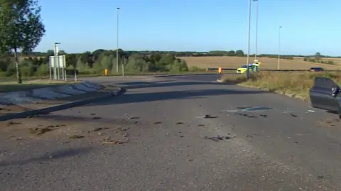 The roundabout at scene of a car crash in Papworth Everard