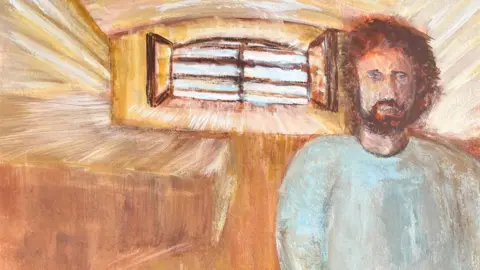 An acrylic self portrait of a man in his prison cell. He is depicted with short red hair and facial hair, standing in front of a window.