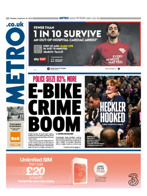 The front page of the Metro. The headline reads: 'E-bike crime boom'.