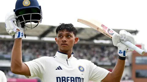 India opener Yashasvi Jaiswal acknowledges the crowd at Headingley after hitting a century